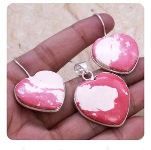 Heart Mosaic Jasper Pendand & Earrings Set + Free Chain